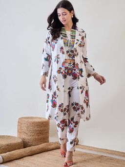 The Kaftan Company - Floral White 3 Piece Overcoat Jacket with Crop Top and Pant (Set of 2)