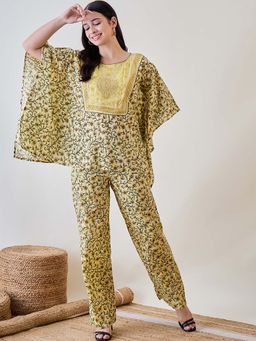 The Kaftan Company - Flora Handblock and Embroidery Cotton Kaftan with Pyjama (Set of 2)