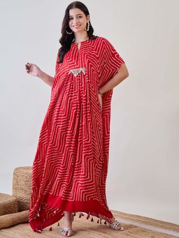The Kaftan Company - Red Pure Silk Freesize Bandhani Kaftan (Onesize)