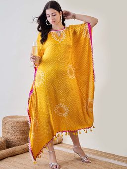 The Kaftan Company - Yellow Pure Silk Bandhani Kaftan with Pearl Lace
