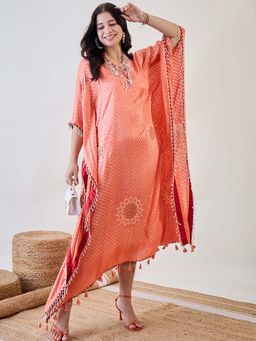 The Kaftan Company - Peach Pure Silk Bandhani Kaftan with Pearl Lace
