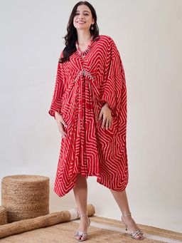 The Kaftan Company - Red Pure Silk Freesize Bandhani Kaftan (Onesize)