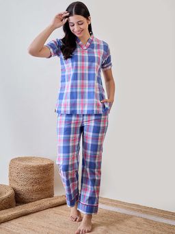 The Kaftan Company - Blue and Pink Checkered Cotton Top and Pyjama (Set Of 2)