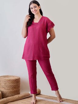 The Kaftan Company - Pink Textured Lace Ruffled Top and Pajama (Set of 2)
