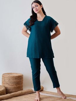 The Kaftan Company - Teal Green Textured Lace Ruffled Top and Pajama