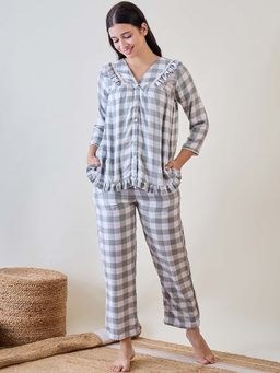 The Kaftan Company - Green and White Checks Ruffled Cute Viscose Top with Pajama Lace Detail (Set of 2)