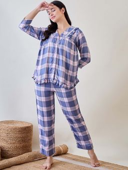 The Kaftan Company - Blue and Pink Checks Ruffled Cute Viscose Top with Pajama with Lace Detail (Set of 2)