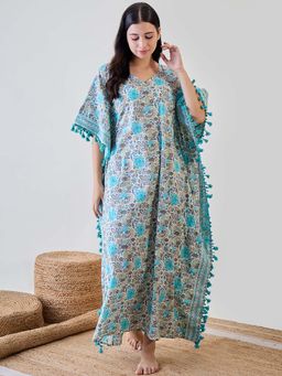 The Kaftan Company - Blue Floral Tassel Lace Embellished Cotton Kaftan Nightdress