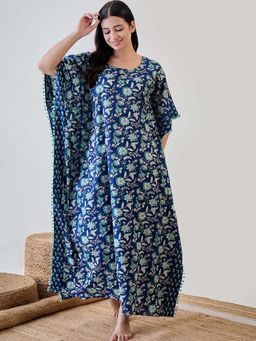 The Kaftan Company - Blue Floral Tassel Pom Pom Lace Embellished Cotton Kaftan Nightdress