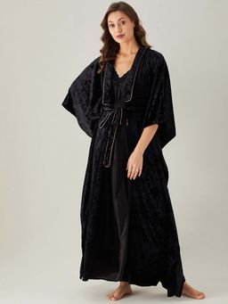 The Kaftan Company - Black Solid Comfy Velvet Kaftan Coverup