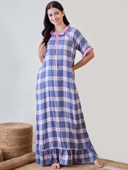The Kaftan Company - Blue and Pink Checkered Viscose Nightdress with Pink Satin Ruffle Detail