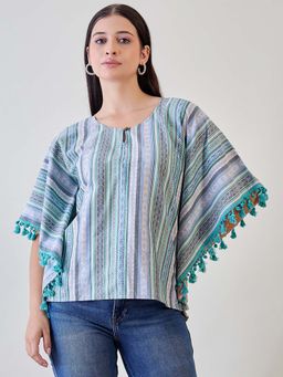 The Kaftan Company - Striped Cotton Blue Tasseled Pom Pom Kaftan