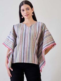 The Kaftan Company - Striped Cotton Pink Tasseled Pom Pom Kaftan