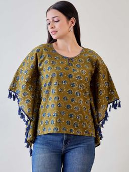 The Kaftan Company - Bright Blue Tasseled Green Cotton Ethnic Motifs Kaftan Top