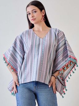 The Kaftan Company - Multicoloured Decorative Striped Pom Pom Lace Embellished Cotton Kaftan Top