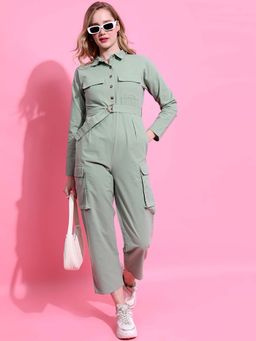 TOKYO TALKIES - Women Green Shirt Collar Cotton Cargo Jumpsuit with Belt (Set of 2)