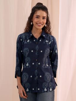 Libas - Blue Ethnic Motif Printed Panelled Shirt