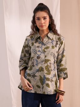 Libas - Beige Floral Printed Panelled Shirt