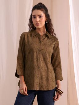 Libas - Brown Self Design Panelled Shirt