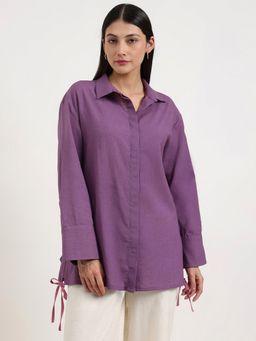 Pink Fort - Linen Blend Solid Shirt - Purple