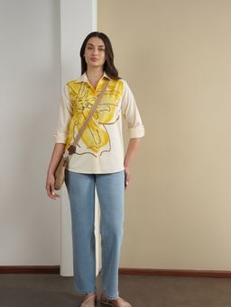 Pink Fort - Cotton Placement Floral Shirt - Off White