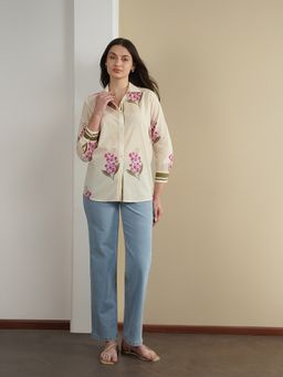 Pink Fort - Cotton Floral Print Shirt - Off White
