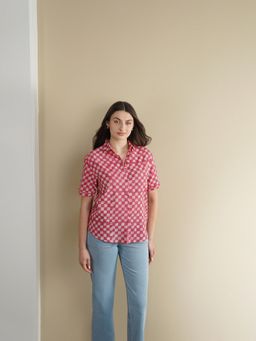 Pink Fort - Cotton Dabu Checked Print Shirt - Pink