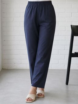 ARAMYA - Navy Blue Slub Cotton Solid Pant For Women