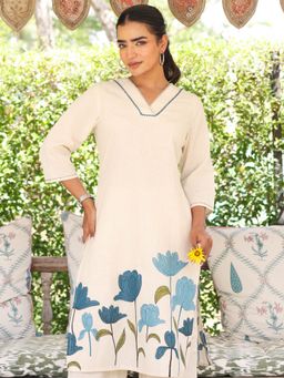 ARAMYA - Linen Cotton Straight Placement Print Kurta For Women