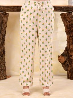 ARAMYA - Off White Linen Cotton Floral Pant For Women