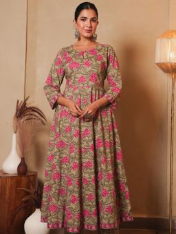 ARAMYA - Soft Cotton Anarkali Floral Print Kurta For Women