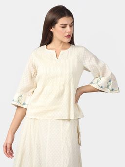 DART STUDIO - Hand Embroidery On Cotton Jacquard Top-White