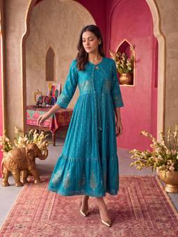 Rangita - Women Turquoise Printed Viscose Anarkali Kurta