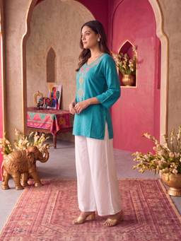 Rangita - Women Teal Embroidered Rayon Kurti