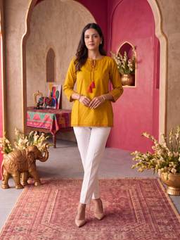 Rangita - Women Mustard Embroidered Rayon Kurti