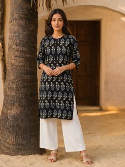 Rangita - Women Black Floral Rayon Kurta