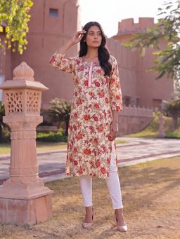 Rangita - Women Cream Floral Rayon Kurta