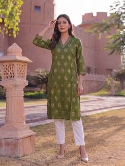 Rangita - Women Olive Embroidered Rayon Kurta