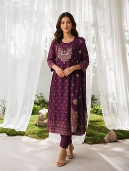 Rangita - Women Wine Embroidered Viscose Kurta and Pant with Dupatta