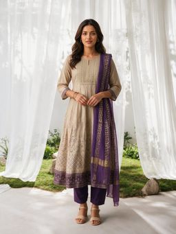 Rangita - Women Beige Embroidered Viscose Anarkali Kurta and Pant with Dupatta