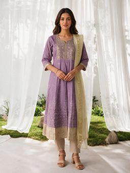 Rangita - Women Mauve Embroidered Viscose Anarkali Kurta and Pant with Dupatta