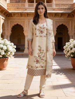 Rangita - Women Cream Embroidered Viscose Kurta and Pant with Dupatta
