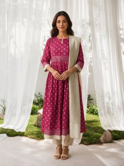 Rangita - Women Magenta Printed Viscose Anarkali Kurta and Pant with Dupatta