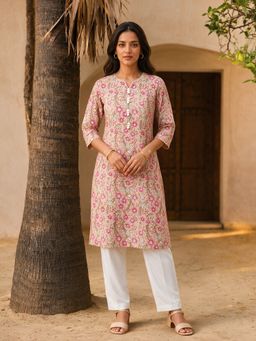 Rangita - Women Beige Floral Cotton Kurta
