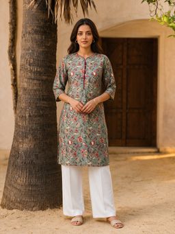 Rangita - Women Green Floral Cotton Kurta
