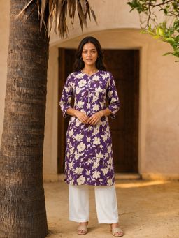 Rangita - Women Purple Floral Cotton Kurta