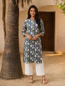 Rangita - Women Blue Floral Cotton Kurta