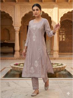 Khaka-The Chikankari Heritage - Women Grey Embroidered Chanderi Kurta with Pant