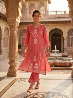 Khaka-The Chikankari Heritage - Women Peach Embroidered Chanderi Kurta with Pant