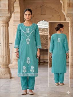 Khaka-The Chikankari Heritage - Women Green Embroidered Chanderi Kurta with Pant